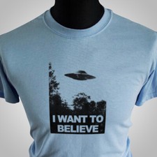 Listing image for I Want To Believe T Shirt X Files UFO TV Flying Saucer Poster Mulder Blue